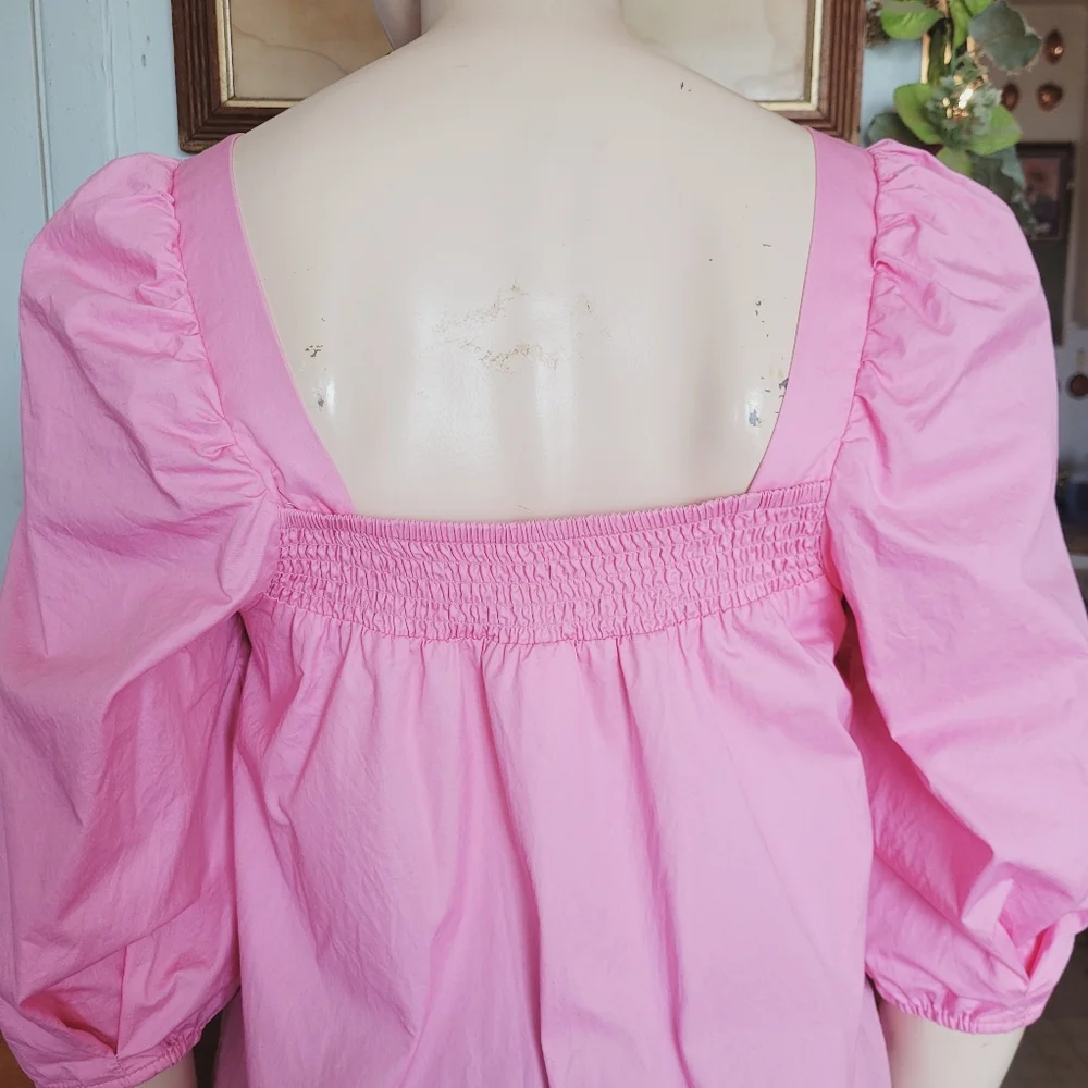 Smocked Peasant Blouse With Puff Sleeves Cotton Pink Small Cottagecore - Picture 8 of 14